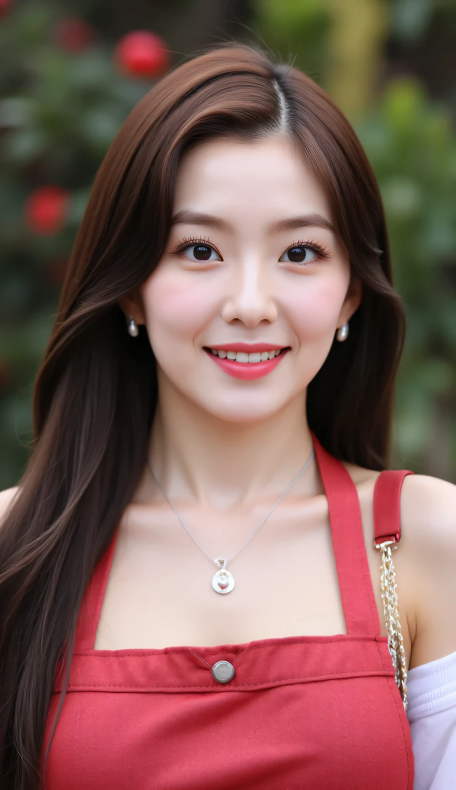 ((top-quality、masterpiece、photographrealistic:1.4、in 8K))、beautiful japanese female1a person、28 instars、delicate and beautiful face、Eyes and faces with detailed、(very very gigantic :1.2)、(Red apron:1.tanding in the garden of the house)、(Full body:1.2)、A smile、Beautiful lighting、Textured skin、Super Detail、high detailing、High quality、hight resolution、(looking at the viewers)、beautiful hairl、(breasts forcus)、
