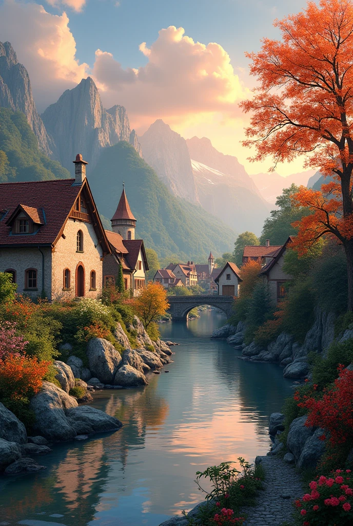 a small village by the river, mountains in the background, floral flowers colorful, detailed landscape, Beautiful natural landscapes, atmospheric lighting, scorching sunset, warm colours, practical, photopractical, Detailed Foliage, complex buildings, cobblestone street, Charming country house, swirly vibrant colors, lush vegetation, Still water reflections, Picturesque, idyllic, work of art, best qualityer, 8k, extremely detaild,anime styling