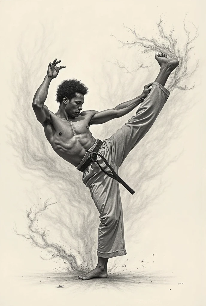 Capoeirsta performing a compass half moon drawn in pencil with fire-colored reflections