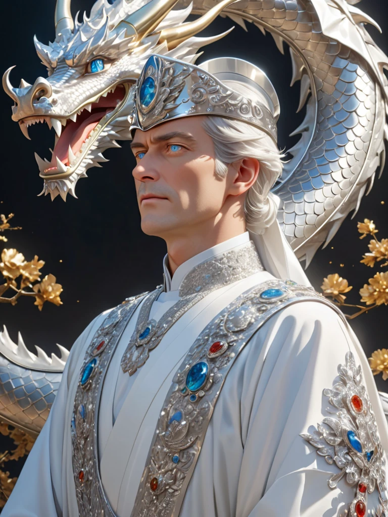 The king is a tall man, 50 years old, strong, loose white hair to his shoulders, light blue eyes, slightly elongated face, aristocratic appearance, fixed gaze, stern, relaxed at the same time,
dressed in a white and silver caftan to his heels, wide white ribbons in precious stones are lowered over his shoulders. Shoulder pads in the shape of a dragon's head made of silver. On his head is a helmet in the form of a dragon's face made of silver, thrown up like a visor, a masterpiece, high detail, ray tracing, detailed correspondence to the description of the character, the character occupies all the space in the image, Лучшее качество, Детально, Высокая детализация, Сетчатка глаза, Сверхвысокая чёткость,Точность, 