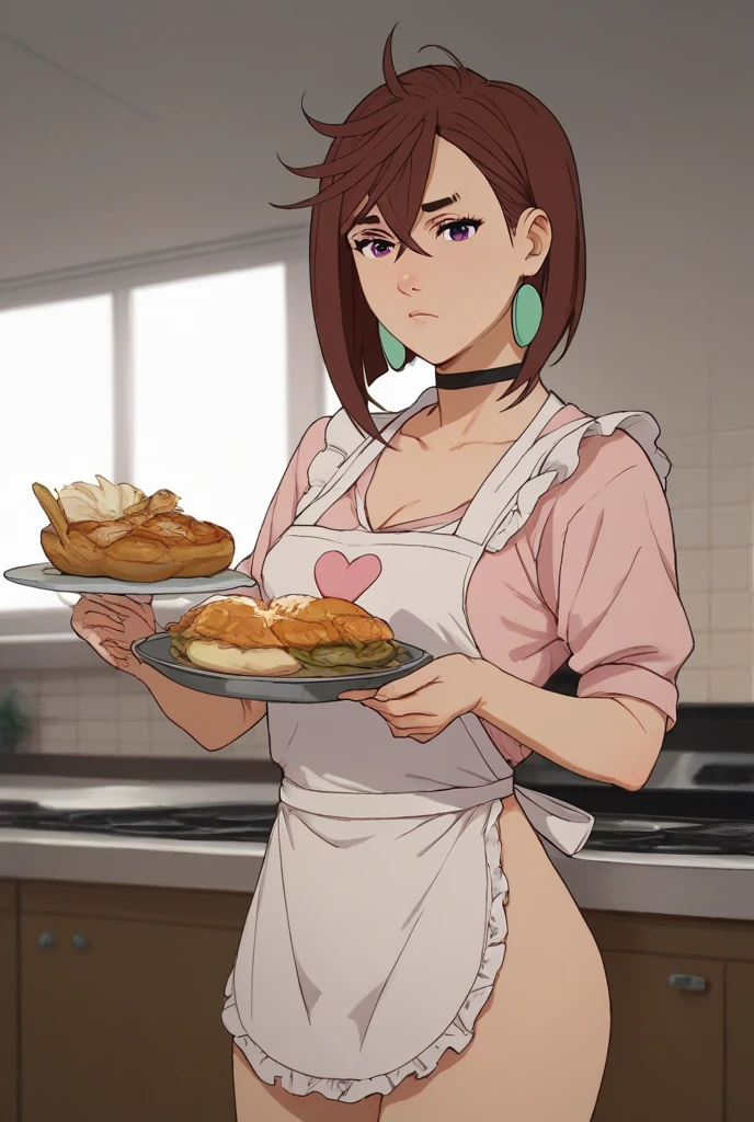 score_9, score_8_up, score_7_up, source_anime, 1girl, solo, boob window, cow pattern crop top, no bra, big , standing, holding a tray of burned food, gown, cooking, kitchen,  hellsing, seras victoria, front view, looking at viewer