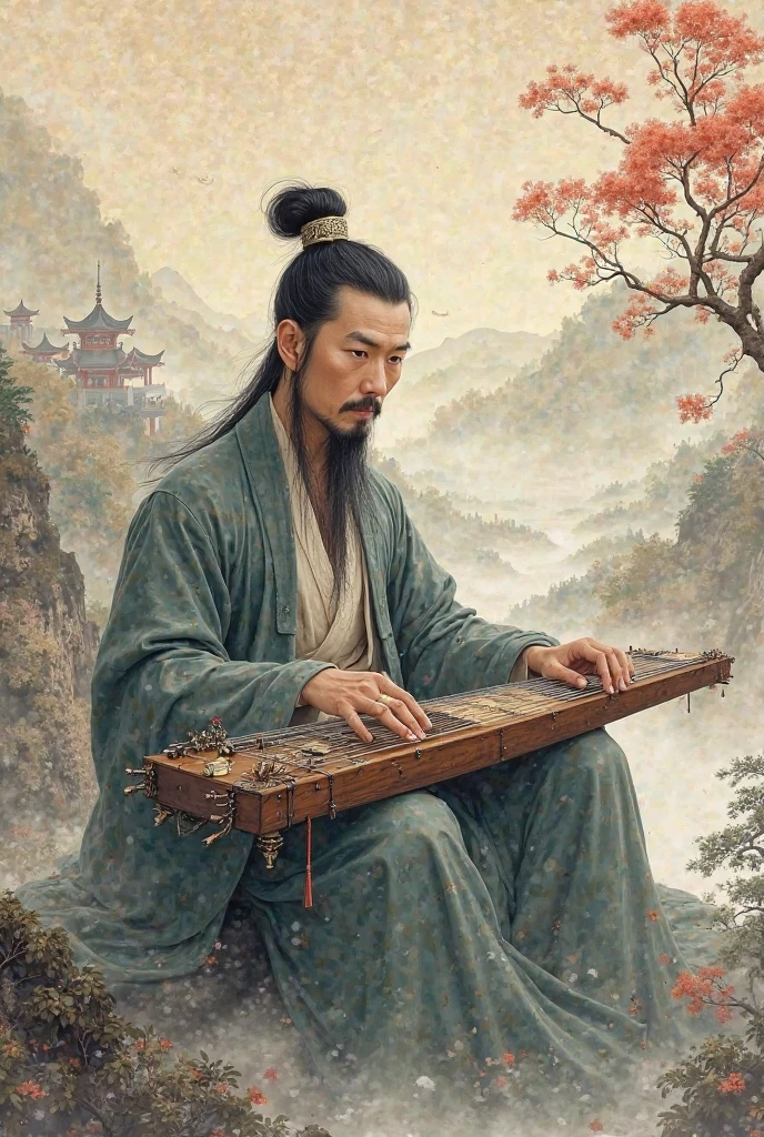 Guqin，Ancient portrait style，弹Guqin，Old Paintings，Ancient paintings