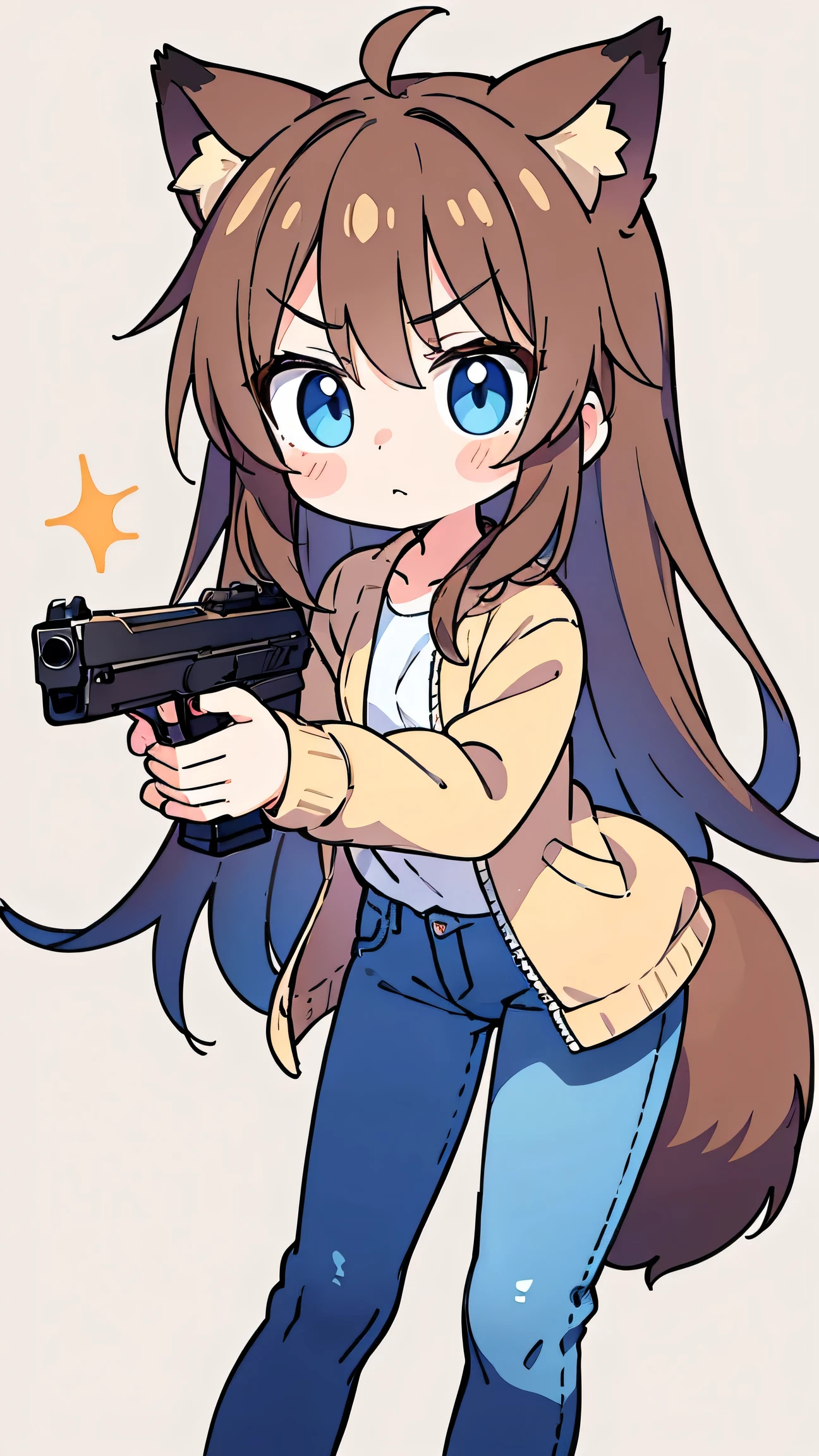 anime style、 cute face、 female、 fox ears、 caramel brown hair、tail、long hair、 beige jacket、jeans、simple background、blue eyes、serious face、handgun、Firing