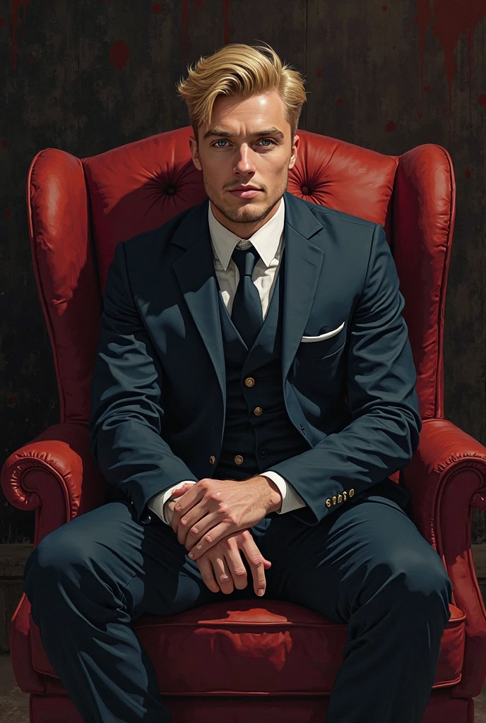A blond man in his thirties with sharp features, a round chin, blue eyes, tidy hair, and a luxurious suit, sitting on a chair above the dark atmosphere, hand-drawn and digitally drawn, in dark and bloody colors, photo settings 9:16