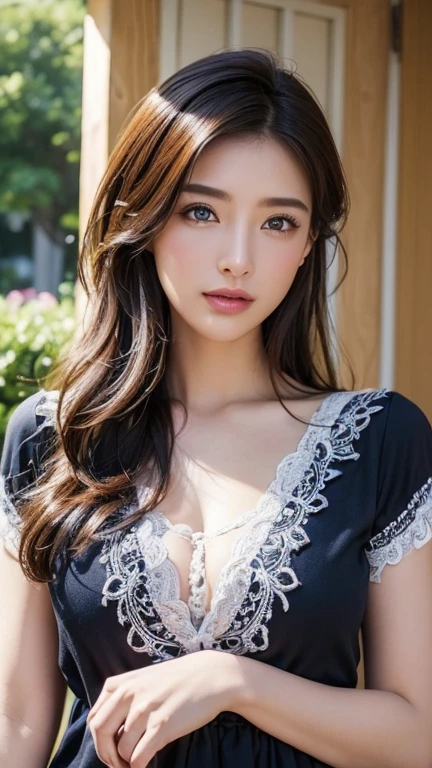 (best quality, 8k,32k,masterpiece, UHD:1.2),extremely detailed CG unity 8k wallpaper,intricate details,Raw photo,(photorealistic:1.4),atmosphere,ultra high res,Realistic,Real,Huge_filesize,incredibly absurdres,(centered:1.3),Ultra illustration,(ultra-detailed),dramatic lighting,various colors,depth of field,art by krenz cushart,golden hour lighting,taken by Canon EOS,SIGMA Art Lens 35mm F1.4,ISO 200 Shutter Speed 2000,blurry background,
BREAK,
1girl,(smile:1.4),slim body,(long straight hair:1.4),solo,20-year-old Japanese beautiful woman, (cherry blossom, denim camisole:1.6),(light brown hair:1.5),((brown eyes)),Large breasts,chest, Soft white skin that shines with every detail,pale skin,Very beautiful face,Very well-formed face,Natural and realistic face,Best,beautiful detailed eyes,striking eyes,Eyes drawn in detail, smile with your mouth closed,Detailed mouth,Detailed lips,shiny beautiful lips,Glossy lips,simple earrings,necklace,jewelry, solo focus,low neckline,
BREAK,
Front lighting,kool,Standing,sensual expression, BREAK,
(Dutch angle:1.4),looking at viewer,
BREAK,tzuyu,yui aragaki,