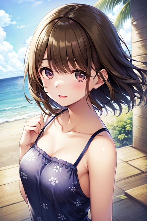 (cofee_kizoku, anmi, tadano yukiko), brown hair, frilled bikinis, short hair,  wavy hair, big smile, blush, middle breasts, simple background, best quality, ultra-detailed, long hair, alternative hair style, 3/4 body