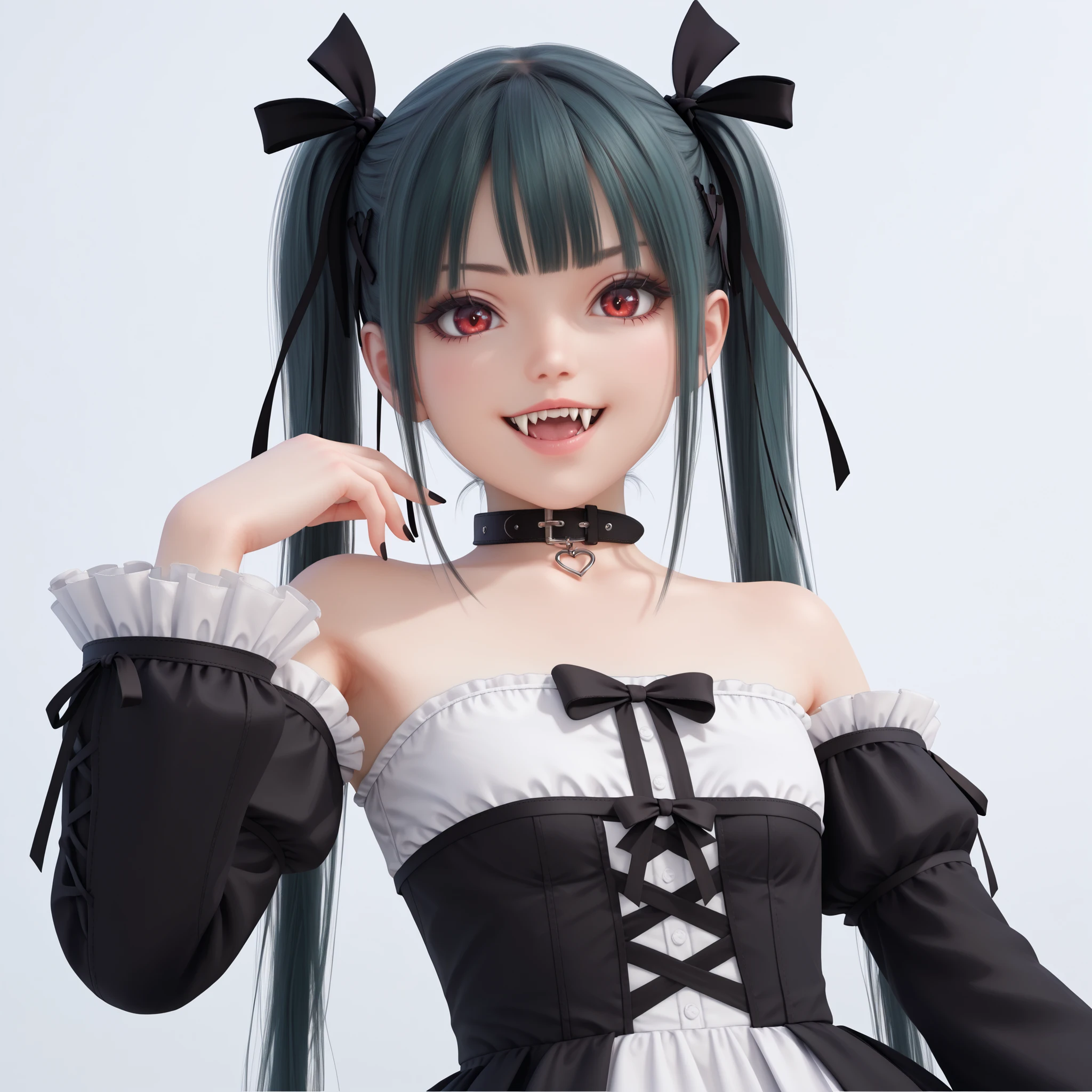 close view, close-up of solo lone cute european girl, upperbody, young, petite, short, dress, hair ribbon, bare shoulders, long twintails, (dark teal twintails:1), gothic lolita, gothic outfit, flat chest, collar, black ribbon, straps, white frilled sleeves, detached sleeves, choker, dark teal hair, cute bratty face, red crimson eyes, looking at viewer, black chocker, perfection, flawless, royal, luxury, rich, clear blue sky, medieval winter lands, lolita fashion, black hair ribbon, standing, playing with her hair, hand in hair, dark cold night, freezing, pale white skin, mean laugh, black manicure, large vampire fangs, from below, cowboy shot, highly detailed masterpiece, high resolution, high quality