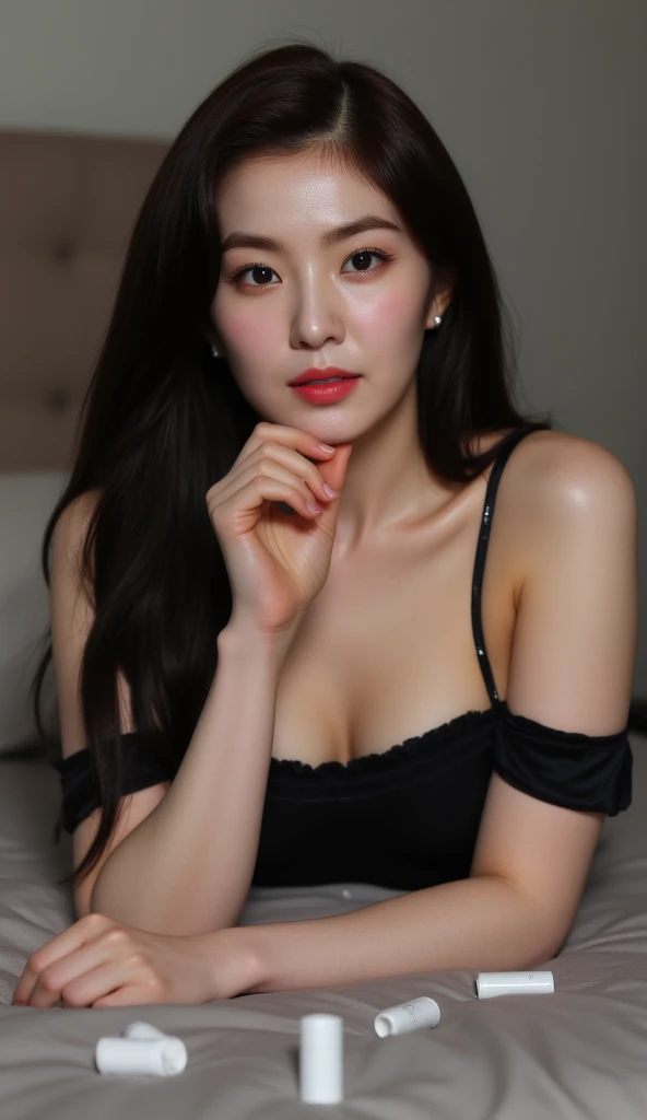 Artgerm (Stanley Lau) style, one piece (Wano Saga) style, gothic aesthetic, best quality, ultra realistic, 16k, crazy resolution, UHD, ultra-detailed, detailed eyes, detailed skin, detailed hair, detailed face, detailed fabric, detailed texture , (1 beautiful young woman, alone: 1.1), tall, hot european brunette (goth makeup), white-pale skin, realistic skin texture, very pale skin, realistic hair, long black hair, silky hair, ornament hair), natural big breasts, (sideboob:1.2), jewelry, (turquoise eyes), cowboy shot, V-shaped green eyes, ((hourglass shape)), hot naked, (Blurred in vibrant cinematic light), warm atmosphere, Show all, ultra-detailed, fine details, nude, narrow waist, (proportional) big hips, thick thighs, tall, Natural Color Lip, face with expression of pleasure and tiredness , different sensual poses at different angles, gothic dark bedroom with cinematic lights (blurred background)、20 years old、dream atmosphere