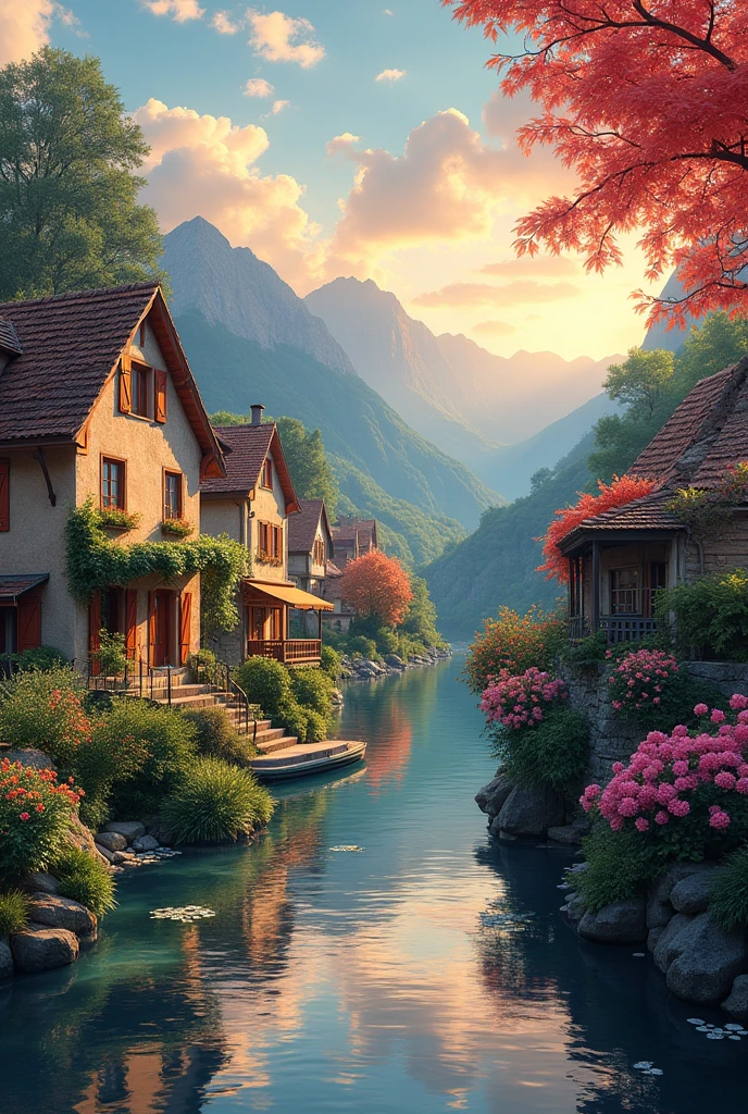 A Small Village by the River，Mountains in the background，Flowers in bloom，brightly colored， Detailed Scenery ， Beautiful natural landscape ，Mood lighting，Scorching sunset，Warm colors，practical，practical摄影， Detailed Leaves，Complex buildings， cobblestone streets ， Charming country house ，riverside villa，dense vegetation，Still water reflections，Picturesque，Leisure and tranquility，artworks，best quality，8k， Extremely Detailed，anime style