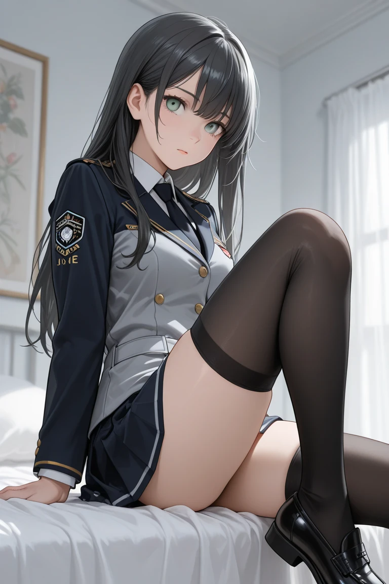 Masterpiece, best quality, high resolution, ultra-detailed, (Takao, kancolle), black hair, red eyes, short hair, large breasts, long sleeves, hat, black gloves, miniskirt, blue skirt, military uniform, beret, (((garter stocking))), blue jacket, blue headwear, (cowboy shot), aroused, ((close up of panties)), ((((clothed)))), ((((lying:1.3, imminent vaginal, sex, pov:1.3)))), (nsfw:1.8), ((blush, closed eyes, open mouth)),(((black pantie aside:1.3)))