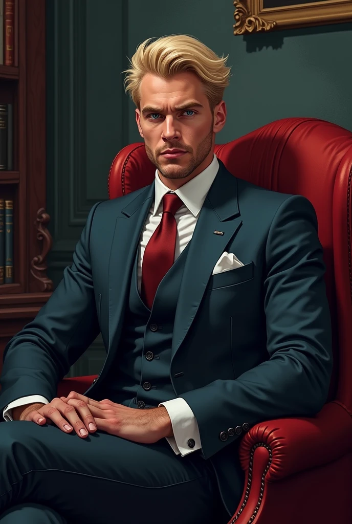 A blond man in his thirties with sharp features, a round chin, blue eyes, tidy hair, and a luxurious suit, sitting on a chair above the dark atmosphere, hand-drawn and digitally drawn, in dark and bloody colors, photo settings 9:16