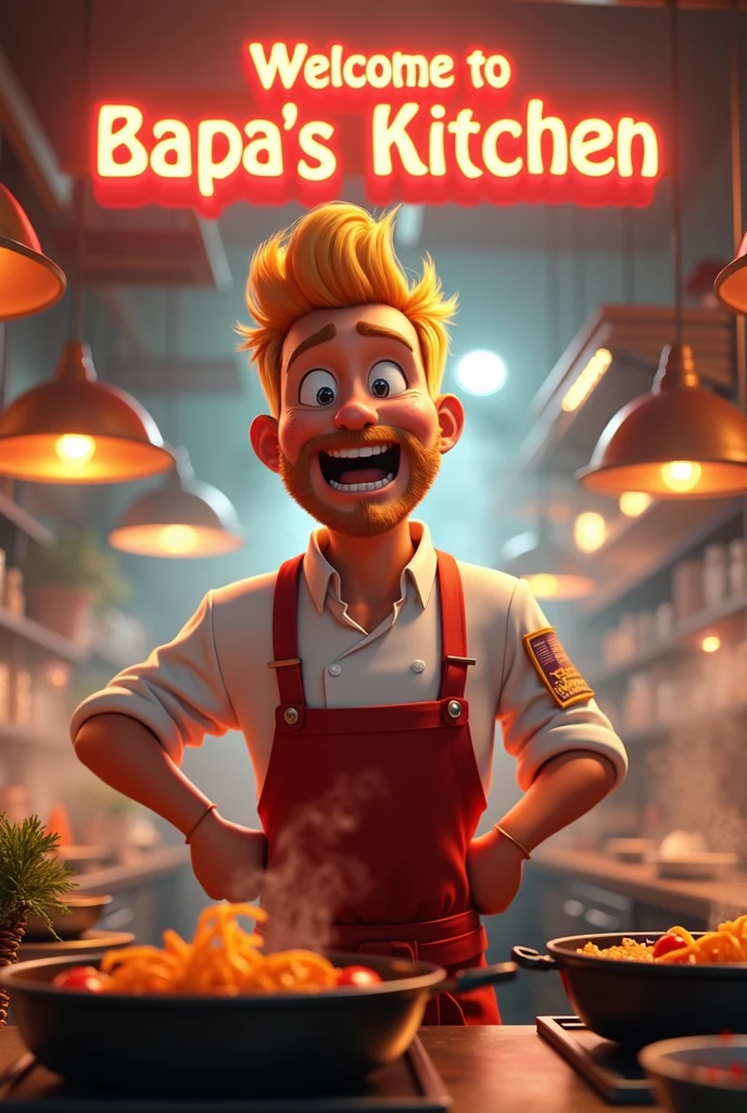 I would like you to generate an advertisement art for me with a blonde male chef screaming and fire and full chaos in a restaurant and a text that says Welcome to Bapas kitchen, make it in movie animation style