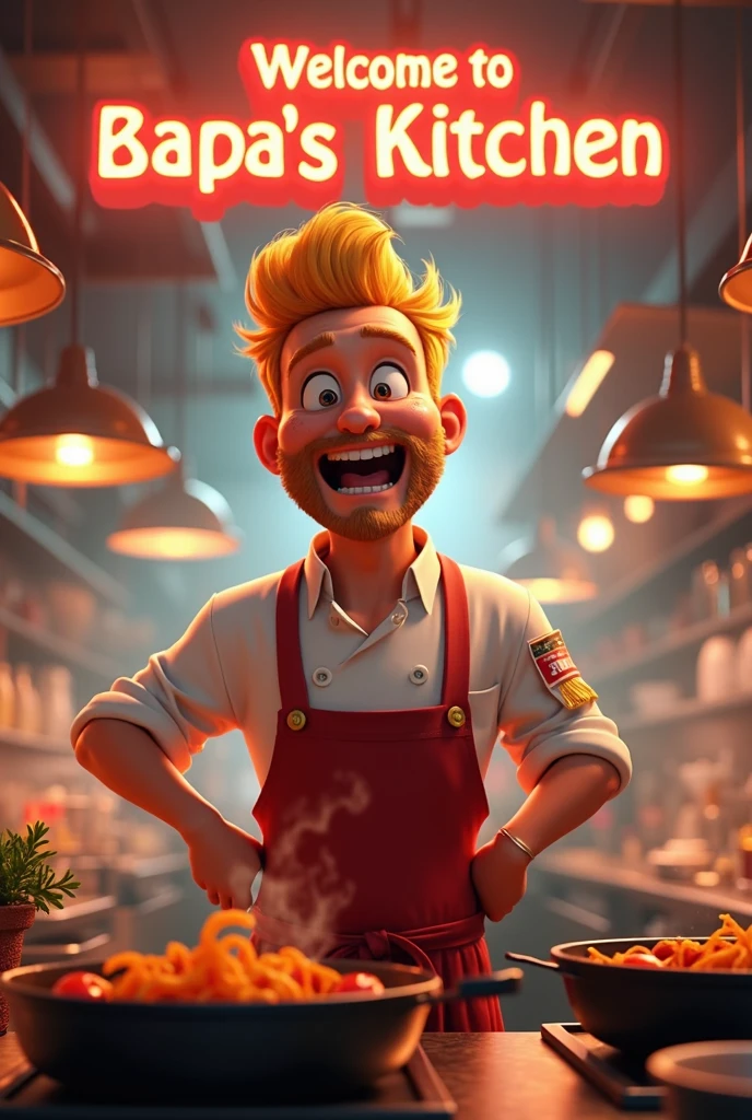 I would like you to generate an advertisement art for me with a blonde male chef screaming and fire and full chaos in a restaurant and a text that says Welcome to Bapas kitchen, make it in movie animation style