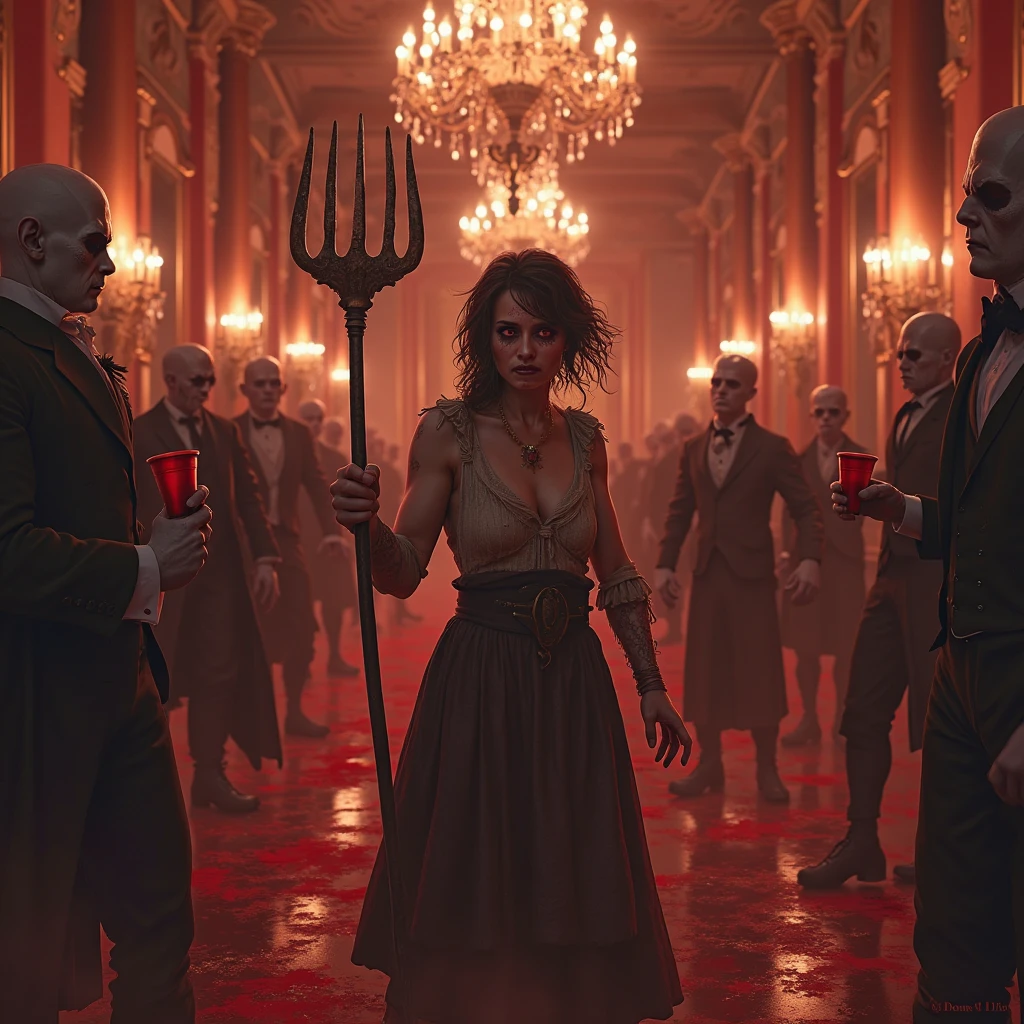 "A dramatic digital illustration set in a Victorian ballroom, luxurious and decadent, illuminated by crystal chandeliers bathed in soft red lights. In the center of the scene, a Victorian peasant with an angry expression, a sweaty face and eyes inflamed with anger, wields both Hands a rusty iron pitchfork. Her simple, mud-stained outfit contrasts with the surrounding dark elegance.. Diante dele, a circle of pale vampires, aristocratic and beautifully dressed, with cold looks and predatory posture. Some glide across the floor like shadows, others still hold blood cups. The scene captures the tense moment before the attack, where the peasant fights alone, driven by fury and despair, in the middle of a silent dance that was transformed into a hunting ground."
