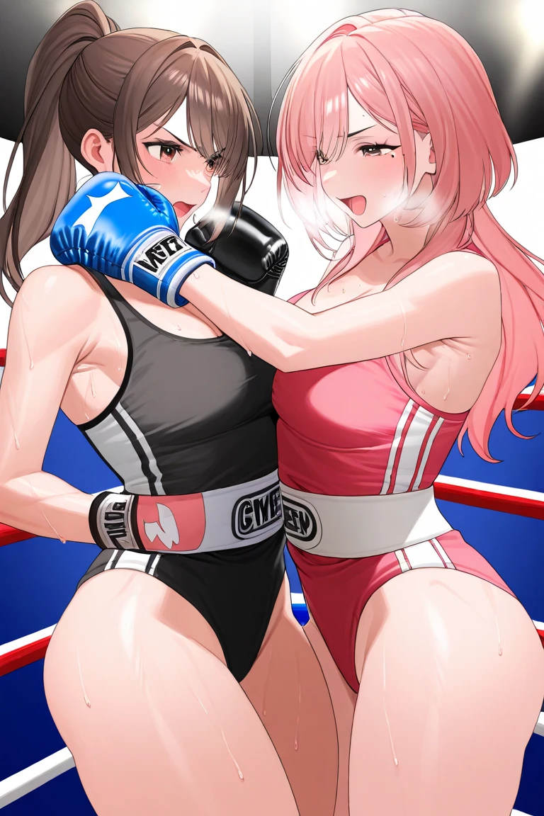 Mature woman boxer, reddish brown hair, long hair, sexy lips, purple leotard, red lip, (((boxing gloves)), brown skin, two women, absent-minded, ((being punched by another dark-haired woman)), ((belly punch))), sweat and saliva all over the body, inferiority, on the verge of fainting, steam, bedroom, (((boxing play)), body blow