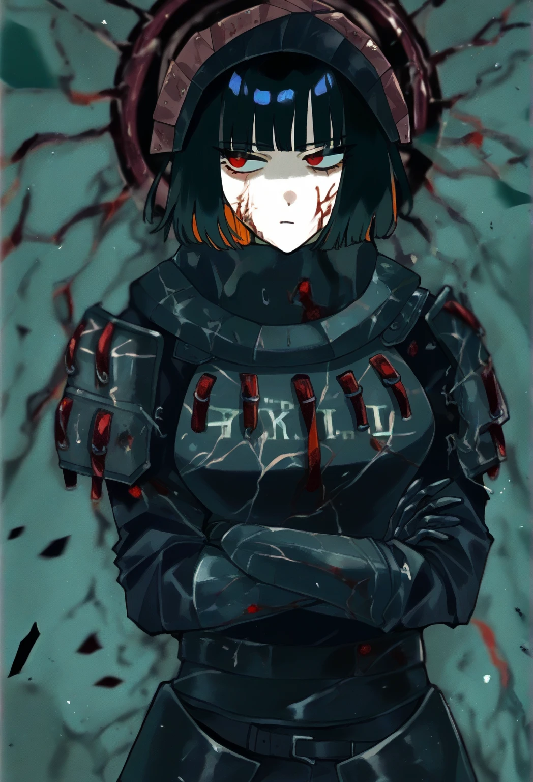 [{Elster}:abstract background:0.5], expressionism, digital art, colorful background, masterpiece, highres, black bodysuit, red bodysuit, Signalis, Facial Marking, blood, (portrait, closeup, upper body, (frown, :(), blood on face, red pupils, blue eyes), cyborg, paint strokes, halo, (Sketch, painting), looking down <lora:Elster:0.8>  <hypernet:discoElysiumStyle_discoElysium:1>