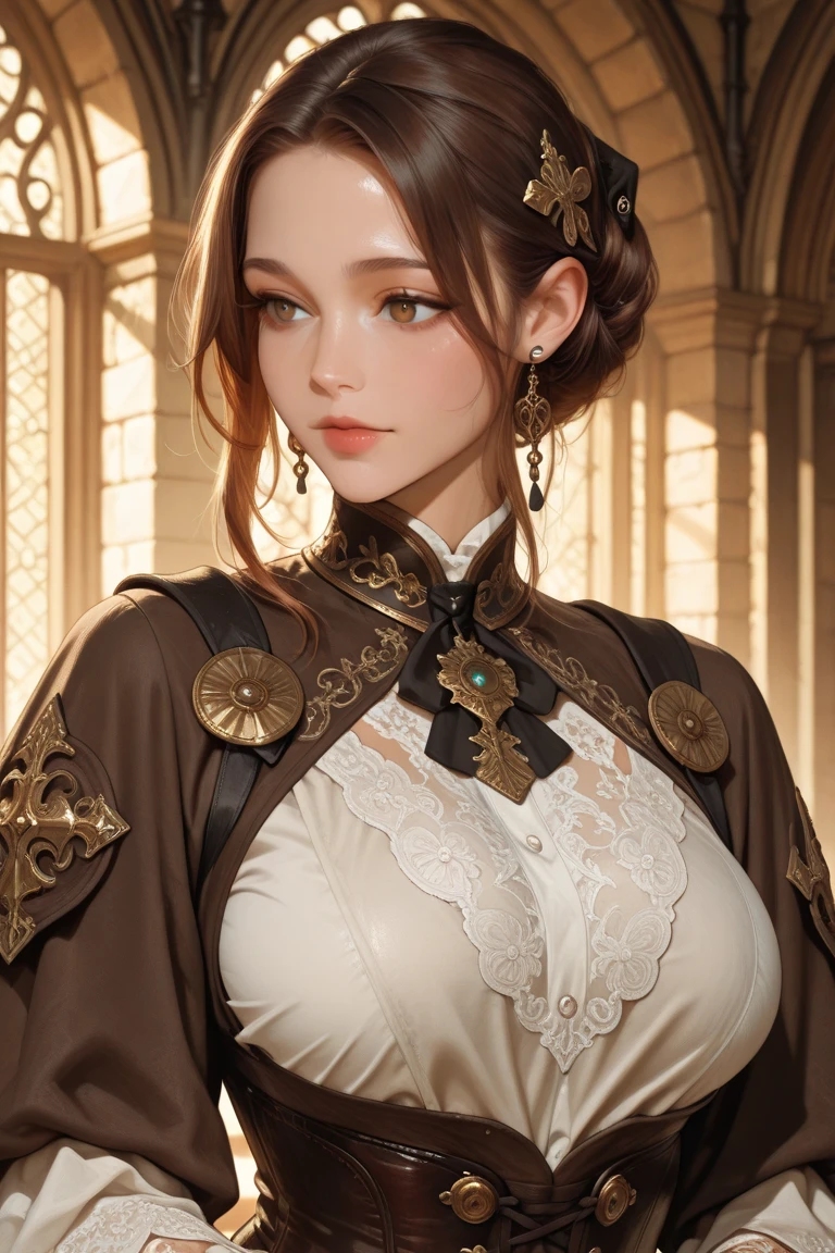 masterpiece, best quality, amazing quality, hyper-detailed, newest, very aesthetic, 1girl, upper body, medieval theme, 30 years old, mature, noble outfit, brown hair, perfectly tied hair, hair accessories, graceful, thick body, m4ryew