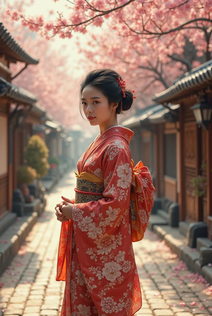 A Japanese woman from the 1940s,traditional kimono with floral patterns,historical kyoto street,cherry blossoms in the background,soft lighting,vintage effect
