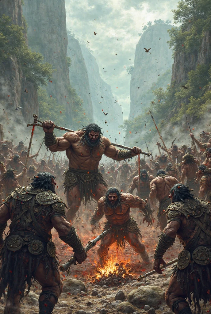 High resolution, ultra-detailed illustration depicting a realistic prehistoric battle scene between Neanderthals and Homo sapiens, ancient warfare, ((historical accuracy:1.2)), realistic ???????, detailed facial features, tribal markings, primal weapons, authentic stone tools, realistic landscapes, intricate details of clothing and armor, intense action, ((accurate terrain:1.3)), historical realism, dynamic composition, ((fighting in a cave:1.4)), realistic wildlife, atmospheric lighting, ((dirt and mud:1.2)), professional paleo-artist, trending on scientific journals, 64k resolution, detailed expressions, primal conflict, realistic fire effects, ((realistic flora:1.2)), ((accurate fauna:1.3)), captivating storytelling, realistic depiction of primitive society.