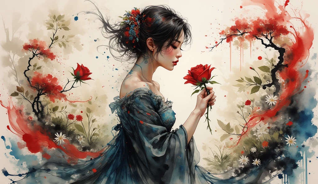 A mystical woman in a, dress with a swirl pattern, her body merging perfectly with a vibrant abstract pattern of splashes. In front of you a vibrant garden with delicate flowers, She delicately touches a rose. Your jewels sparkle with intricate floral motifs while a dynamic explosion of swirling brushstrokes frames your presence., A dinkfsn style ink painting, Anatomically Perfect Hands, Correct hand, Anatomically Perfect Hands