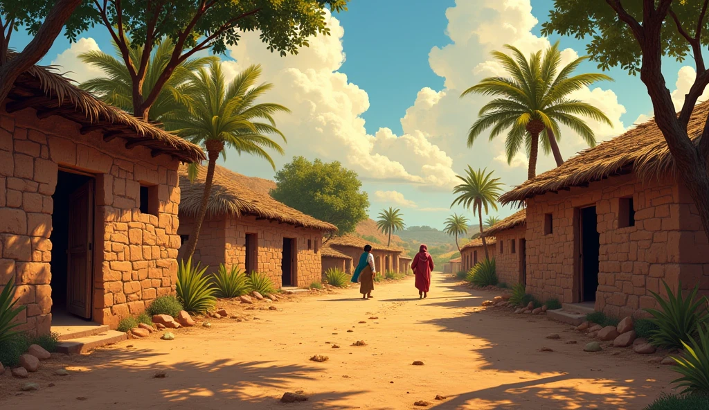 comic book illustrator with defined lines and shaded areas
 Semi realistic character  Middle eastern men
Mud brick village house rustic hut palm trees

Digital Painting with Semi-Realistic Illustration, use bright colours, a highly detailed ultra HD, 4K cinematic image. South Asian old village dirt road with twisting paths, showing different symbolic scenes: a smiling  representing happiness, a weeping woman for sorrow, and a man facing a storm symbolizing trials. Trees arching over the road, golden sunlight on one side, dark clouds on the other.