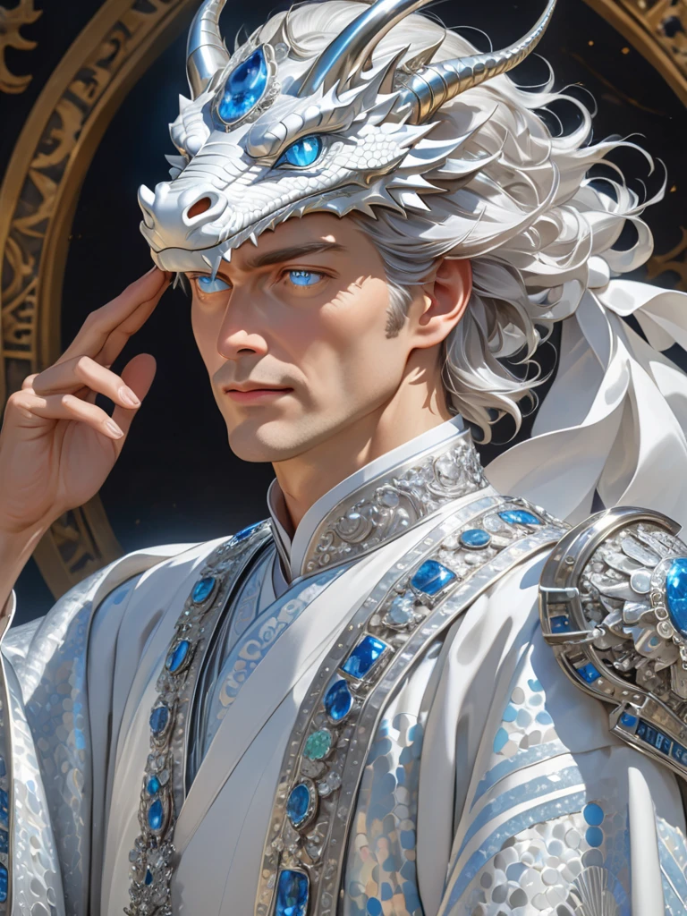 The king is a tall man, 50 years old, strong, loose white hair to his shoulders, light blue eyes, slightly elongated face, aristocratic appearance, fixed gaze, stern, relaxed at the same time,
dressed in a white and silver caftan to his heels, wide white ribbons in precious stones are lowered over his shoulders. Shoulder pads in the shape of a dragon's head made of silver. On his head is a helmet in the form of a dragon's face made of silver, thrown up like a visor, a masterpiece, high detail, ray tracing, detailed correspondence to the description of the character, the character occupies all the space in the image, Лучшее качество, Детально, Высокая детализация, Сетчатка глаза, Сверхвысокая чёткость,Точность, 