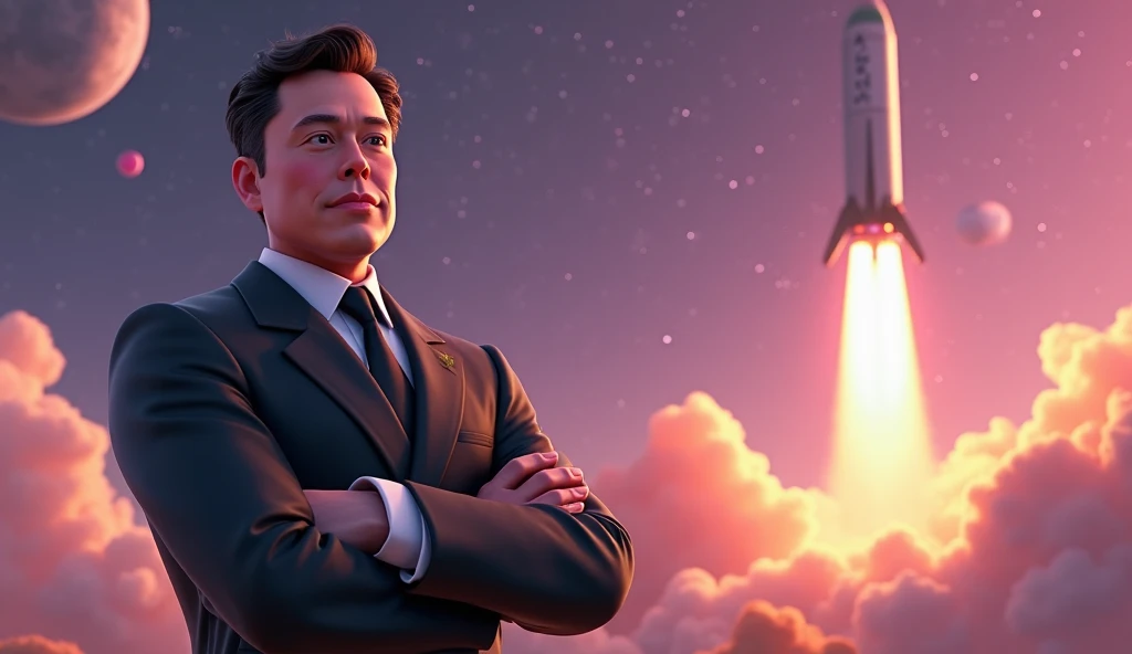 Design a visually captivating YouTube thumbnail showing 3d character Elon Musk in the foreground with a confident pose, AND WEAR BLACK SUIT,surrounded by elements like a SpaceX rocket launch,ROCKET and a distant planet in space. Use vibrant colors like PURPLE, ORANGE, and white for an attention-grabbing effect, ensuring a modern, sleek design.",CASINO THEME