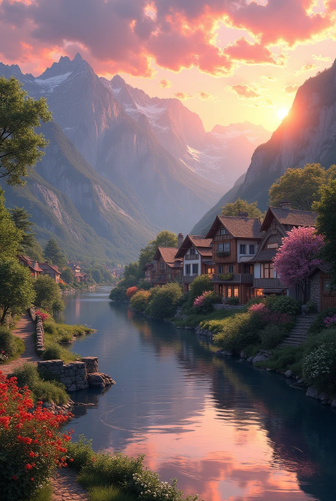 a small village by the river, mountains in the background, fleurs florales colorées,  detailed landscape , Beaux paysages naturels, atmospheric lighting, coucher de soleil brûlant, warm colors, pratique, photorealistic, Detailed foliage ,  complex buildings, Cobblestone street, Charming country house, bright swirling colors, lush vegetation,  Reflections of still water, Pittoresque, idyllique,  work of art, best quality, 8k, extremely detailed, style anime.