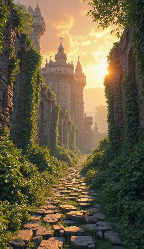 Create a detailed AI art prompt for a Minecraft-style image. The image should be from a first-person point of view, as if the player is waking up in an ancient, ruined Minecraft kingdom. The scene should include mossy cobblestone, cracked stone bricks, overgrown vines, broken castle structures, soft golden sunrise light, and a cinematic atmosphere. The image must look blocky and faithful to Minecraft’s visual style—no realism or cartoon elements. Include a negative prompt to avoid non-Minecraft features.