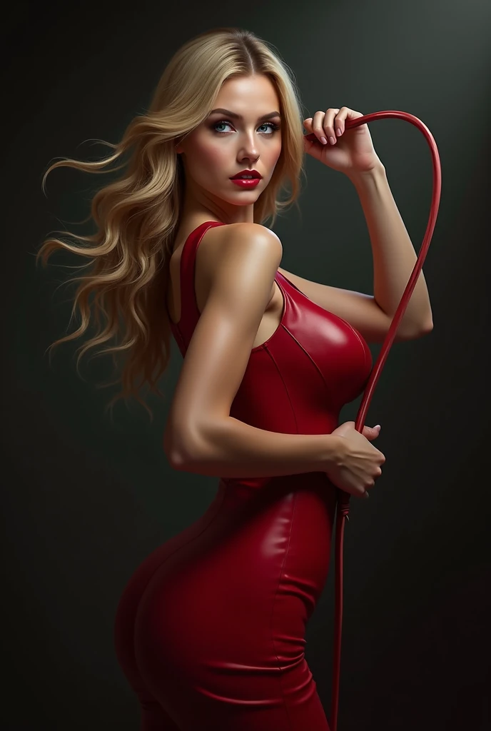 A blonde woman with blue eyes wearing a red fitted leather dress holding a whip