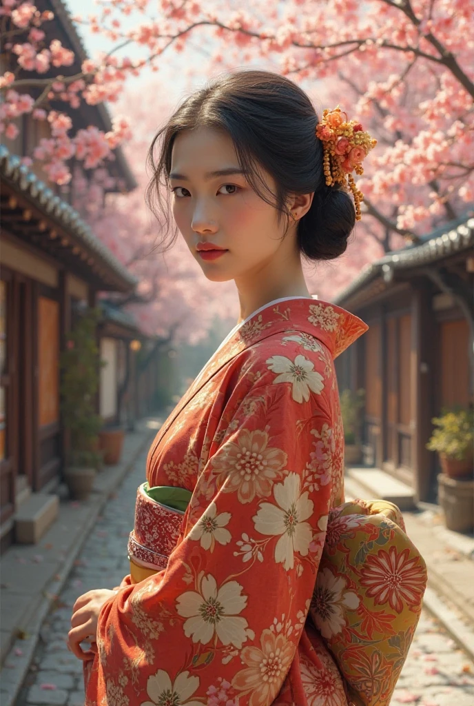 A Japanese woman from the 1940s,traditional kimono with floral patterns,historical kyoto street,cherry blossoms in the background,soft lighting,vintage effect