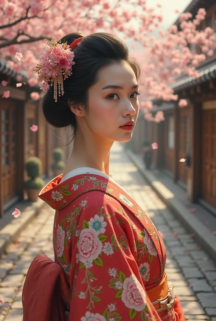 A Japanese woman from the 1940s,traditional kimono with floral patterns,historical kyoto street,cherry blossoms in the background,soft lighting,vintage effect