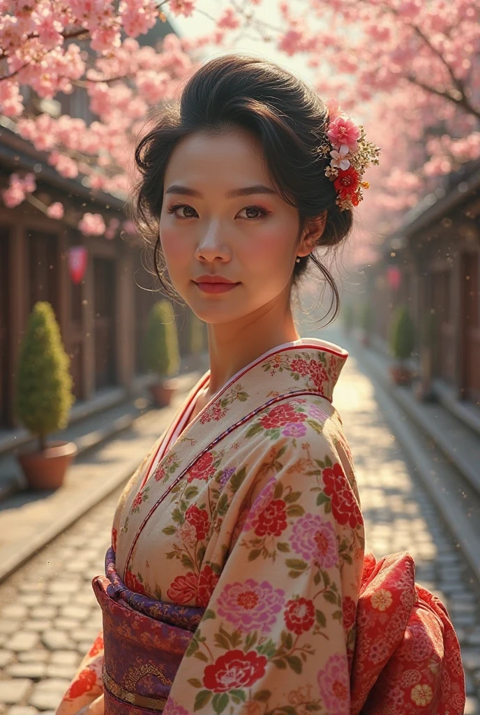 A Japanese woman from the 1940s,traditional kimono with floral patterns,historical kyoto street,cherry blossoms in the background,soft lighting,vintage effect