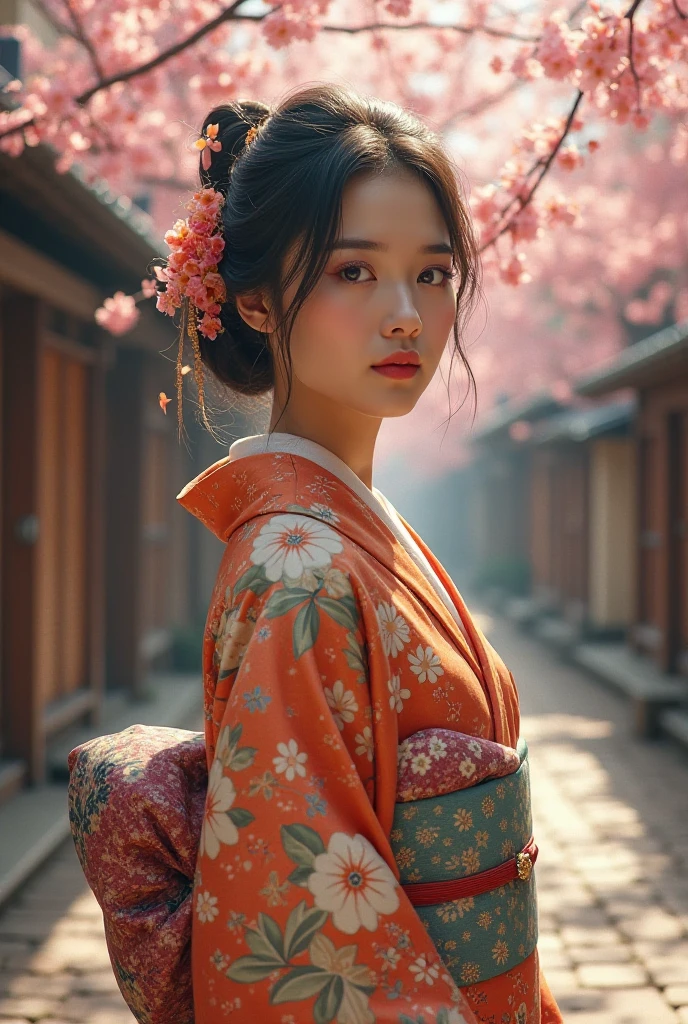 A Japanese woman from the 1940s,traditional kimono with floral patterns,historical kyoto street,cherry blossoms in the background,soft lighting,vintage effect