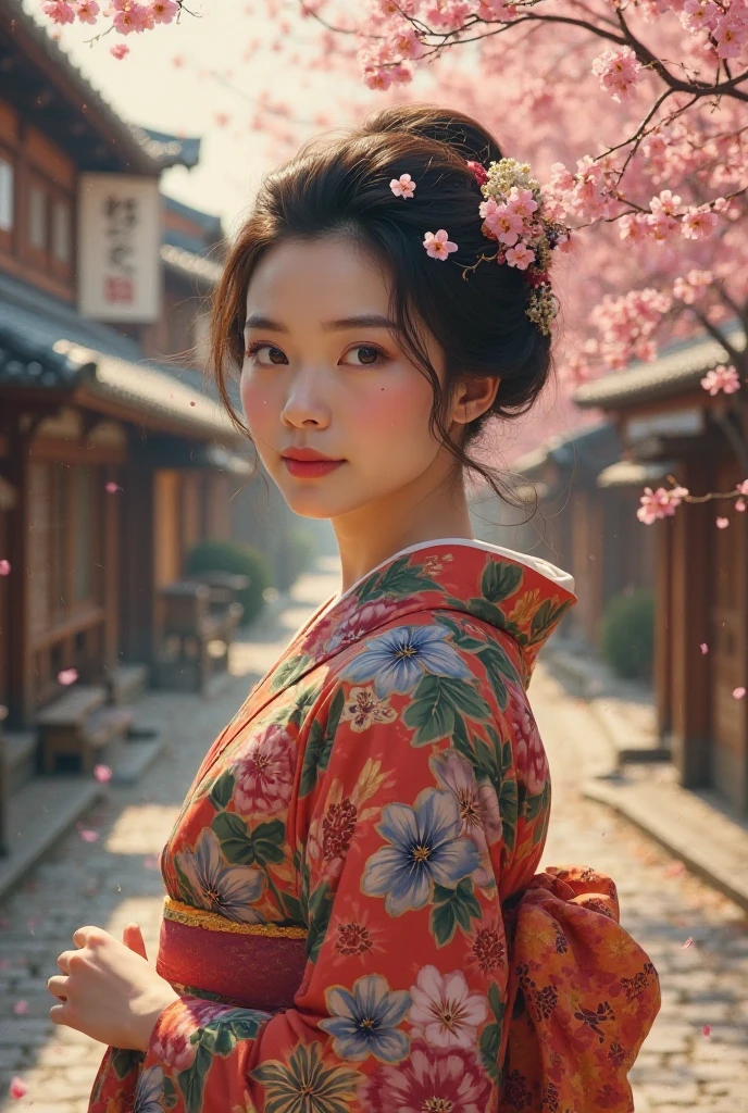 A Japanese woman from the 1940s,traditional kimono with floral patterns,historical kyoto street,cherry blossoms in the background,soft lighting,vintage effect
