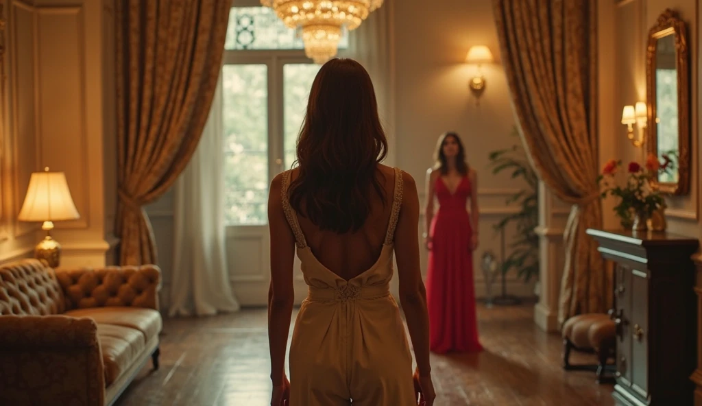 A man with long, straight hair kneels before a dominant plus-size woman.