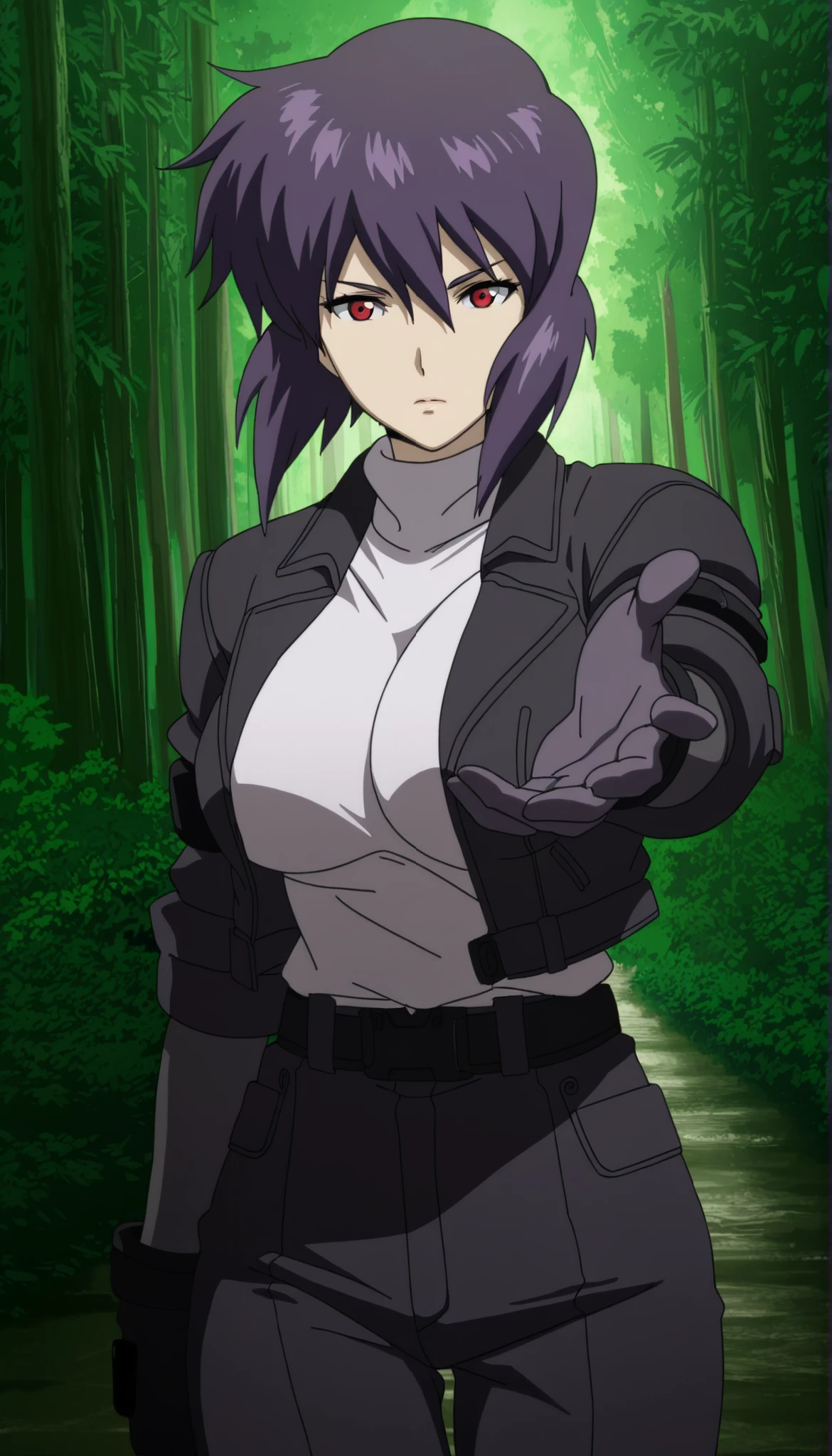 masterpiece, best quality, amazing quality,, motoko kusanagi, kusanagi motoko, short hair, large breasts, red eyes, purple hair, anime screencap, gloves, formal suit, open jacket,, white shirt, , nature, pants, , fresh air, , reaching towards viewer, ,,,[reaching at viewer],,,, solo,, cowboy shot, solo