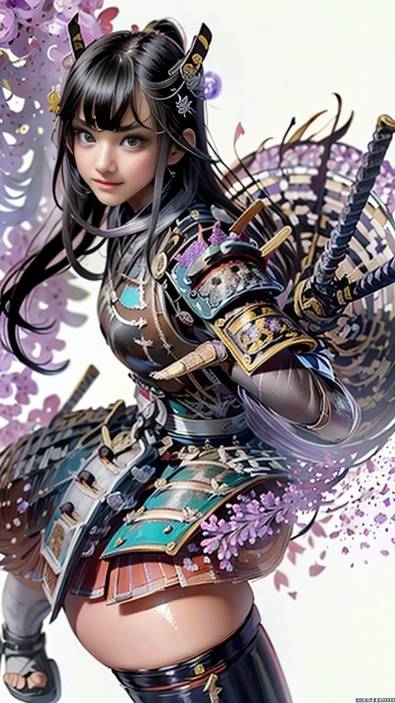 top quality,8k,Max Video Quality,Wakai Female,1 person,Oiran,(wielding a katana with great force:1.6), very detailedな,(seductive smile),(),(headshot:1.8),() ,(battle pose:1.8), Brilliant Appearance ,extremely detailed, Imaginative,sensual ,top quality,  skin texture,(blunt bangs, straight across her forehead:1.8),(black hair:1.8),muscular,(huge breasts),(underboob),( white Samurai armor:1.8),(red cloak),(gypsy skirt),(garter belt),(black tights,Zettai Ryouiki),absolute region with to,Intricate Details ,crepuscular rays:1.3,(A field of blooming lilac in full bloom:1.8),(white background:1.6),(),  RAW photos , 8k, masterpiece, top quality,ultra detail,very detailed, Intricate Details ,high resolution,超Intricate Details,very detailed 8k cg wallpaper,