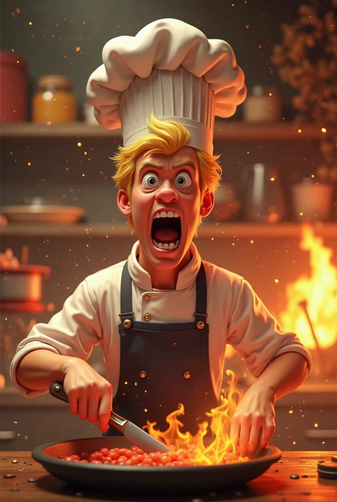 I would like you to generate an advertisement art for me with a blonde male chef screaming and fire and full chaos in a restaurant and a text that says Welcome to Bapas kitchen, make it in movie animation style