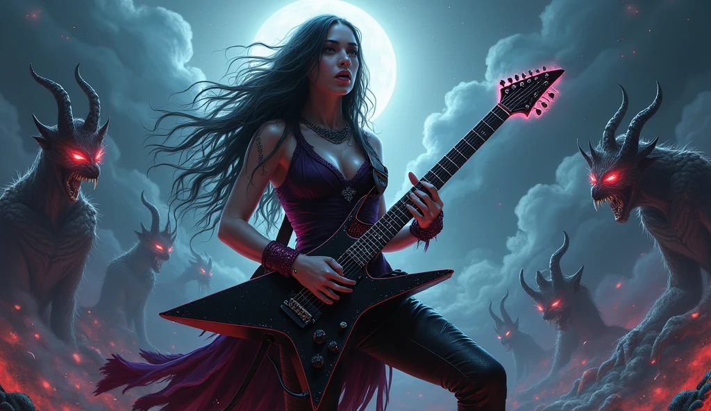 mystical woman, playing a heavy metal electric guitar, is surrounded by an atmosphere of gothic music and fantasy demons, creating a unique sound, that takes listeners to new heights.
