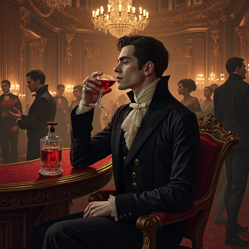 "A luxurious gothic digital illustration set in a grand Victorian ballroom, illuminated by golden chandeliers and shrouded in elegant shadows. Em destaque, a noble vampire with a refined and immortal appearance, wearing impeccable Victorian tailoring clothes in shades of dark wine and black, adorned with lace and brocade. He is seated with haughty posture at an exquisite bar station made of carved dark wood, with gold ornamental details. In her pale, ringed hand, a finely crafted crystal cup, containing a deep red liquid that he savors with a distant and contemplative look. Ao fundo, the party continues in murmurs and sharp smiles, with other vampires talking, dancing or watching from the top of the balconies."