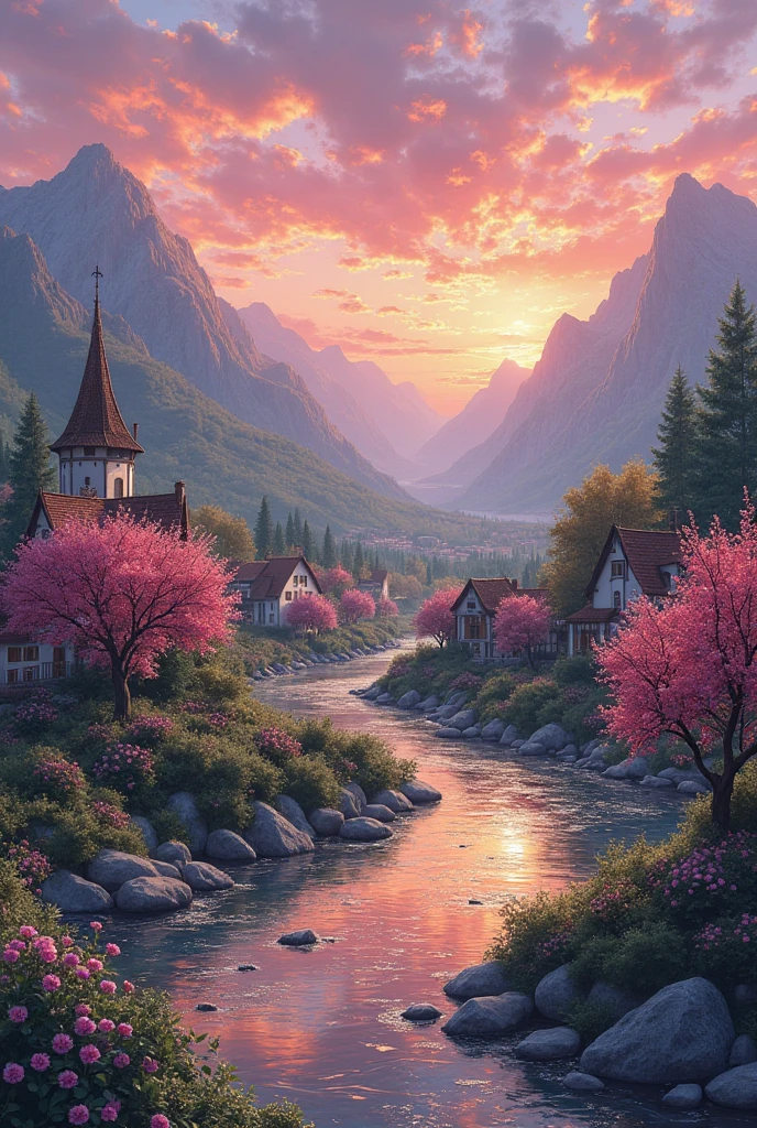 Small village by the river, mountains in the background, colorful pink flowers, detailed landscape, beautiful scenery, atmospheric lighting, scorching sunset, warm colors, practical, photography, detailed foliage, intricate buildings, cobblestone street, charming country house, swirling bright colors, dense vegetation, water reflections, picturesque, perfect, artwork, best quality, 8k, highly detailed, anime style