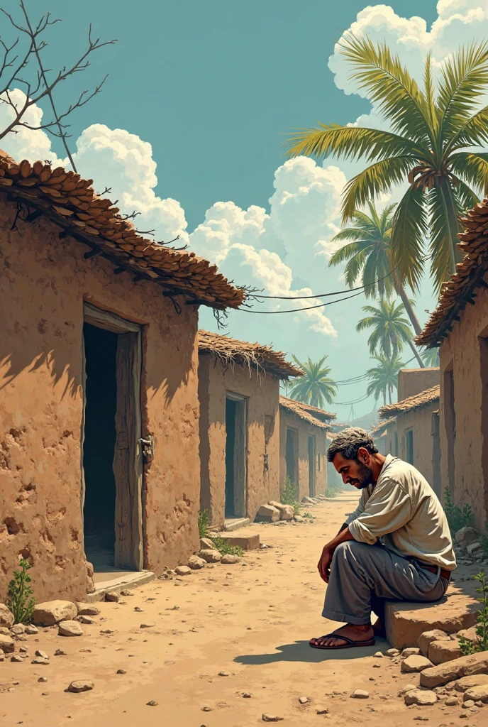 comic book illustrator with defined lines and shaded areas
 Semi realistic character  Middle eastern men
Mud brick village house rustic hut palm trees

Digital Painting with Semi-Realistic Illustration, use bright colours, a highly detailed ultra HD, 4K cinematic image. An exhausted man in worn-out clothes sitting by a dusty roadside in an old South Asian village, head bowed, burdened with emotional weight. Behind him, blurred shadows of problems: debts, illness, and isolation.
