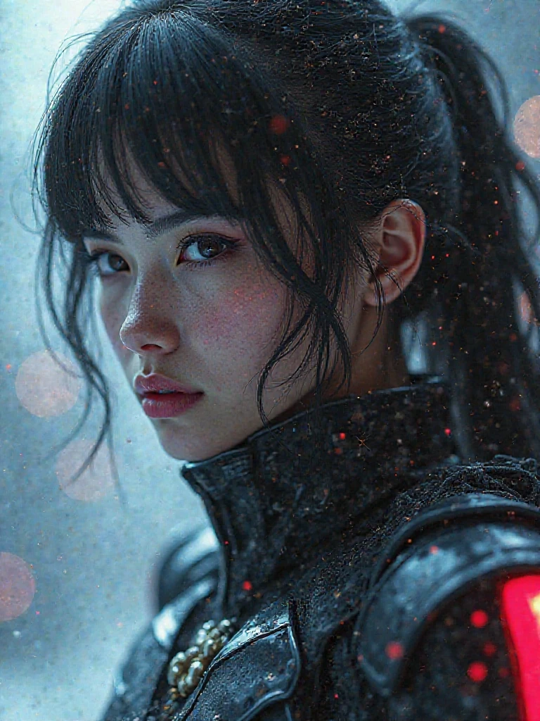 heroine like a movie realistic the face of a girl from the future, swordsman star armor chrome mesh, black,  Stratosphere, black космос, hdr, bright highlights ,, sits on the skin of a starship, speed particles smeared, hairpins, , .dust. pixel particles, fog, anime .ice background