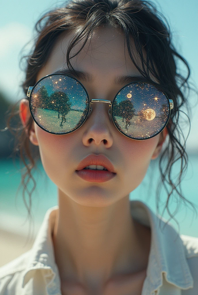 The model is wearing glass sunglasses with stars and the moon on the glass