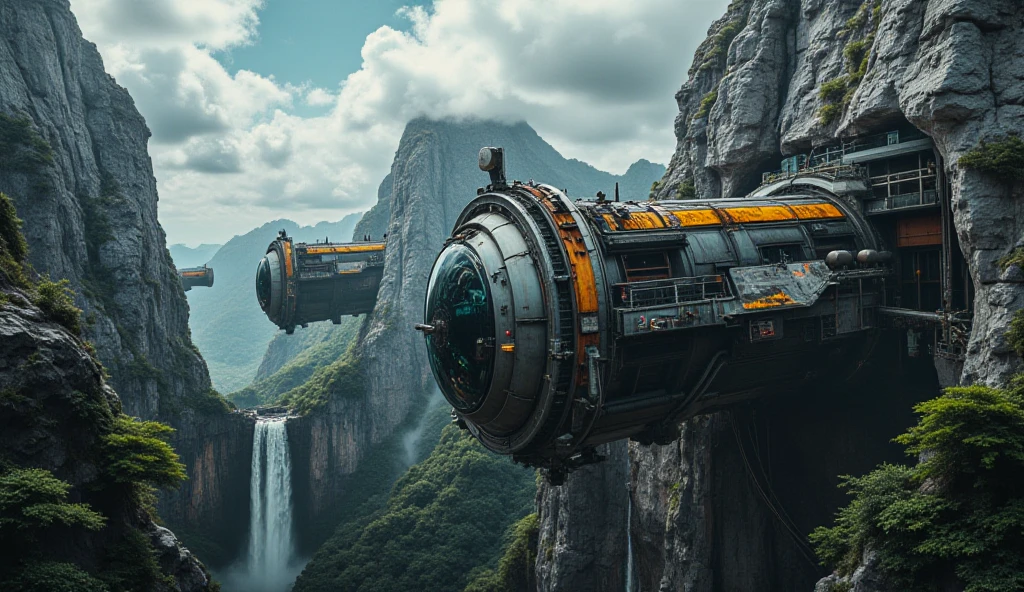 Design a hyperrealistic image in 16K of an intense one that elevates particles of dust and tropical humidity. THE CLOSE-UP OF A GENERAL PORTRAIT IS SEEN FROM A LOW ANGLE, FROM BELOW THE CYLINDERS WITH AN UPWARD VIEW OF THE ENVIRONMENT ON a tropical planet with cliffs of light gray rock, assemblages, full of natural protrusions from which CYLINDRICAL HORIZONTAL PROJECTING INSTALLATIONS EMERGE AT THE HEIGHT OF THE ROCK WALLS OF THE CURLS WITH ULTRA-TECHNOLOGICAL ALIEN REINFORCED GLASS HATCHES AND WINDOWS, WITH TRANSMISSION ANTENNAS AND PARABOLAS integrated seamlessly with the environment. METALLIC LIGHT GRAY AND ORANGE, WITH RUSTY EXPOSED PARTS. From the cracks of the rock, fine crevices and falls of crystalline water descend. The atmosphere is humid and rich in vegetation. The sky is clear, lens with giant clouds floating above the stage. Captures the scene from an extremely low angle, al foot of the cliffs where the alien colony begins. It uses the optics of a Sony 16-35 mm f/4G PZ to achieve a natural but impressive perspective, with perfect depth of field that emphasizes the monumental scale of the ship. The lighting must be studio film type, highlighting metallic textures, reflections and active lights of the ship, , achieving a level of absolute hyperrealism worthy of a science fiction masterpiece. hyper realistic, high definition and resolution , PERFECT APPROACH AND OPTIMAL MANAGEMENT OF THE DEPTH OF FIELD. CINEMA MASTERPIECE
