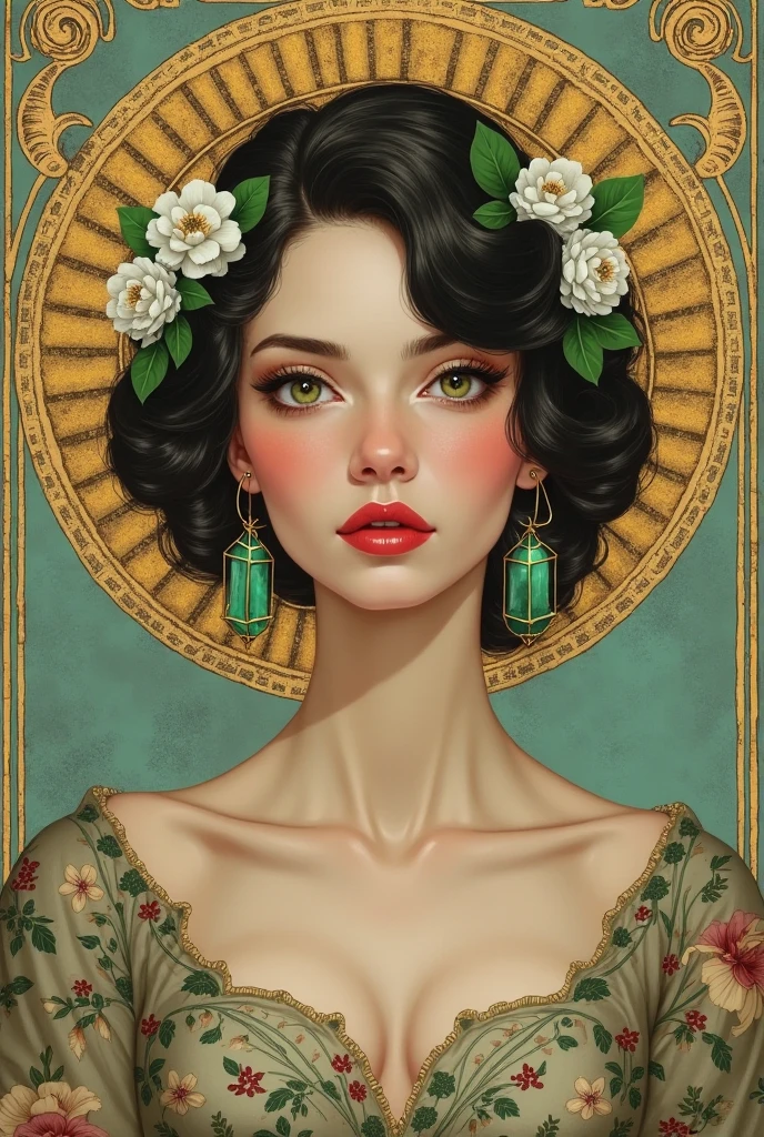 A beautiful woman with pale skin and dark wavy hair styled in a loose bun, adorned with green leaves and white flowers. She is wearing large emerald green geometric earrings with gold frames. Her expression is confident, with soft makeup, rosy cheeks, and red lips. She is dressed in a floral-patterned vintage dress in muted tones. The background features an intricate golden halo with ornate Art Nouveau designs, set against a teal textured backdrop. The style is inspired by Alphonse Mucha with modern digital painting techniques, detailed, elegant, soft lighting, oil painting texture, portrait orientation.