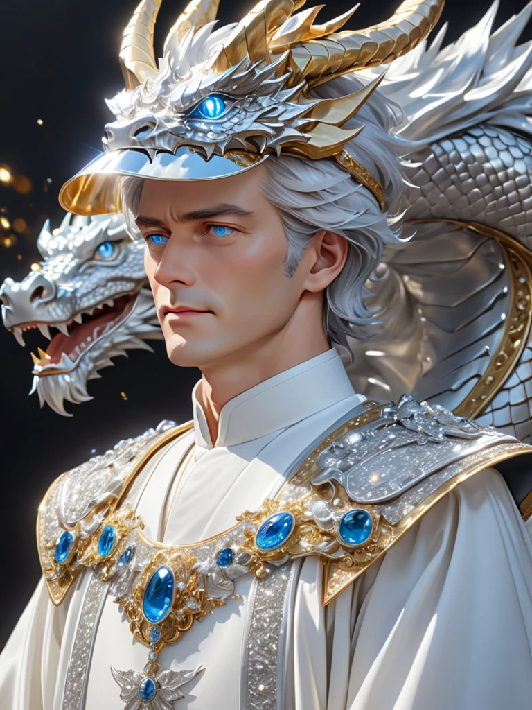 The king is a tall man, 50 years old, strong, loose white hair to his shoulders, light blue eyes, slightly elongated face, aristocratic appearance, fixed gaze, stern, relaxed at the same time,
dressed in a white and silver caftan to his heels, wide white ribbons in precious stones are lowered over his shoulders. Shoulder pads in the shape of a dragon's head made of silver. On his head is a helmet in the form of a dragon's face made of silver, thrown up like a visor, a masterpiece, high detail, ray tracing, detailed correspondence to the description of the character, the character occupies all the space in the image, Лучшее качество, Детально, Высокая детализация, Сетчатка глаза, Сверхвысокая чёткость,Точность, 