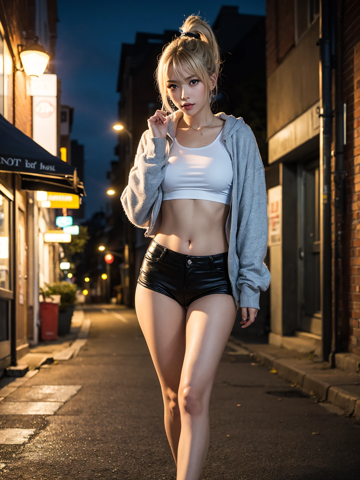best quality, masterpiece, cinematic lighting, intricate, cinematic detailed realistic background, detailed face, full body, small breasts, realistic, ligne claire, , , 1girl jogging, cityscape, night, tied shirt, looking at viewer, tattoo, model pose, open cardigan, ringed yellow eyes, streetlight, lamppost, tiny pinkyoga shorts, split-color hair, cameltoe,