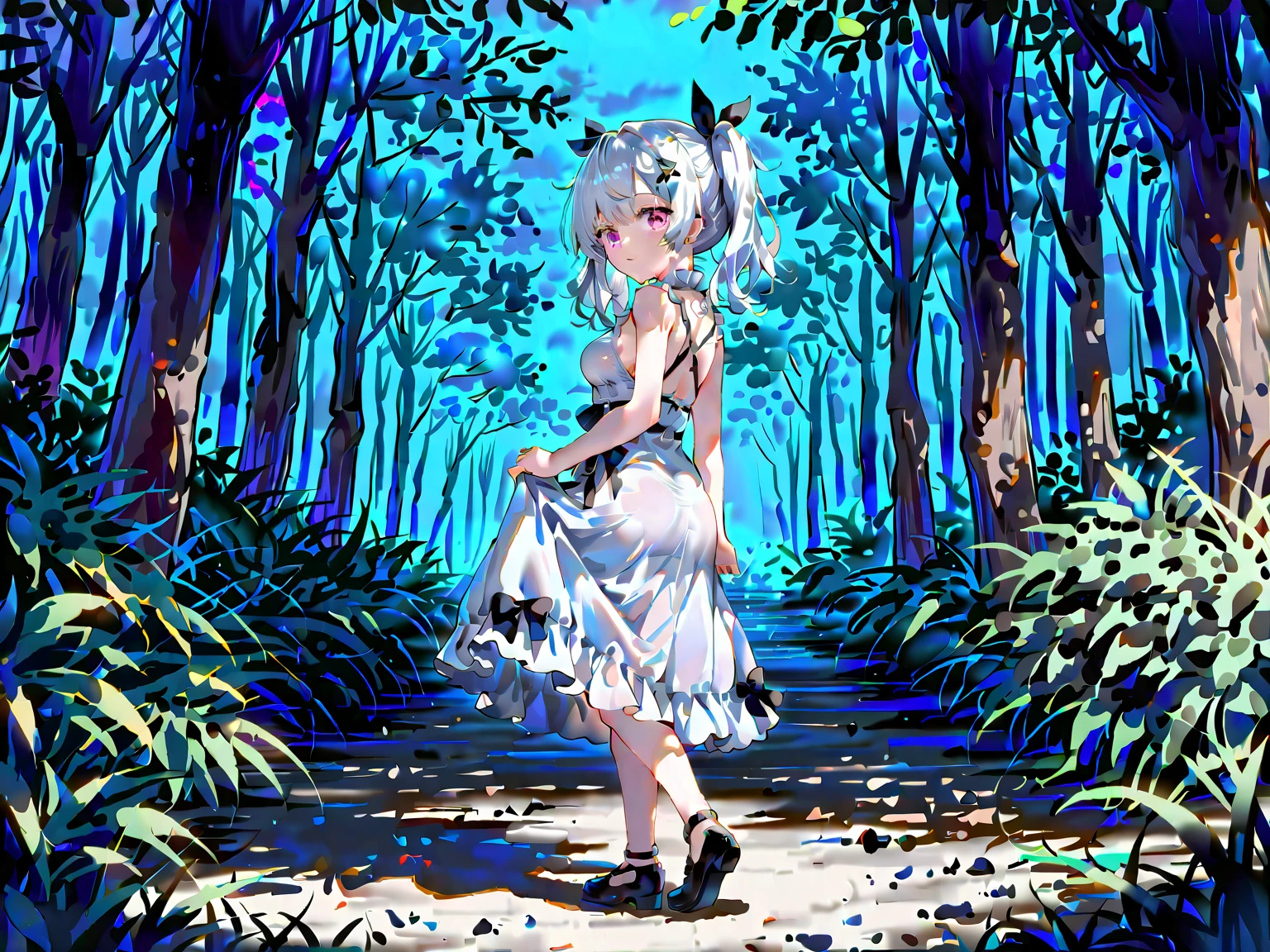 White Haired Girl,Best Quality, medium hair,Asymmetrical hairstyle, loli,pink eyes, high resolusion,masterpiece,medium breasts,two black cross hair clip,SkyBlue hair shadow,twintails,black ribbon,long dress,White dress, looking back,in the forest, from front,full body, look at viewer,night